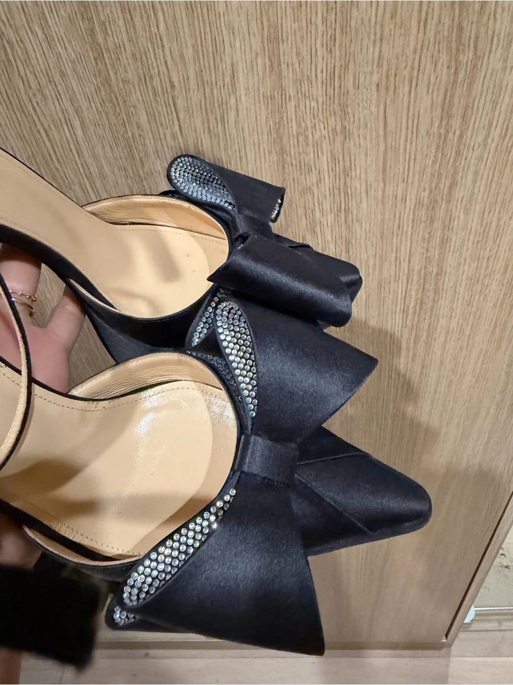 Mach & Mach Black Satin Platform Ankle-Strap Sandals with rhinestone Bow